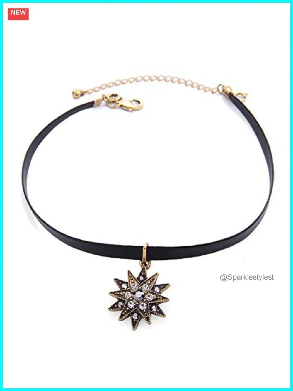 Layered Star Pendant Choker Necklace with Rhinestone Leather Detail
